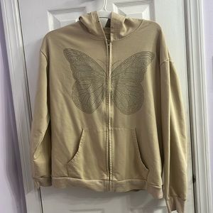 Meladyan Y2K Rhinestone Butterfly Hoodie tan size small